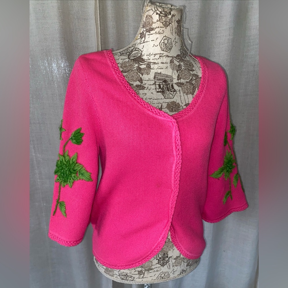 Vintage I’Magnin Hot Pink Embroidered Floral Cropped Cardigan Sweater